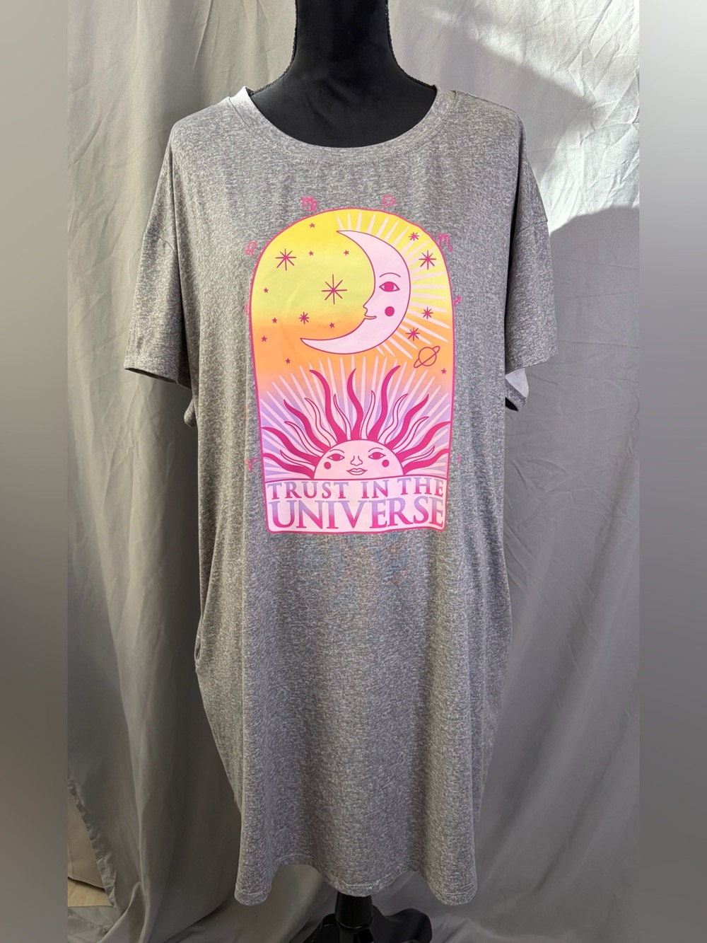 Trust In The Universe Graphic Tee Dress - Grey with Sunset Print